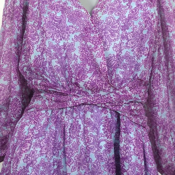 AMUR Twist-Front Dress Purple/Blue Printed Silk Chiffon Size 6 Long Sleeve Mini - Picture 2 of 8